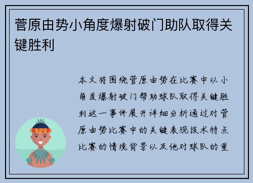 菅原由势小角度爆射破门助队取得关键胜利 菅原由势小角度爆射破门助队取得关键胜利