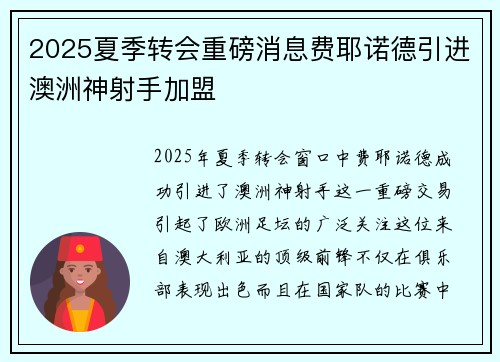 2025夏季转会重磅消息费耶诺德引进澳洲神射手加盟 2025夏季转会重磅消息费耶诺德引进澳洲神射手加盟
